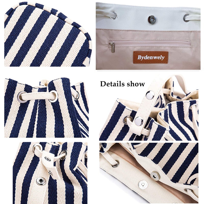 Bydenwely Women's Canvas Summer Tote Bags Small Beach Bag Shoulder Bag Daily Working Handbag for Holiday Travel Pool (Navy, Small) - Image 5